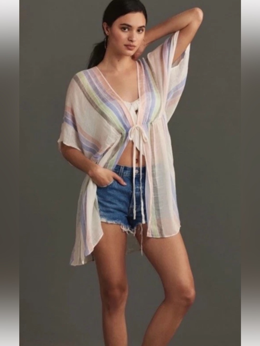 Anthropologie Yarn Dye Striped Kaftan Swim Cover Up Tie Front Boho OS
